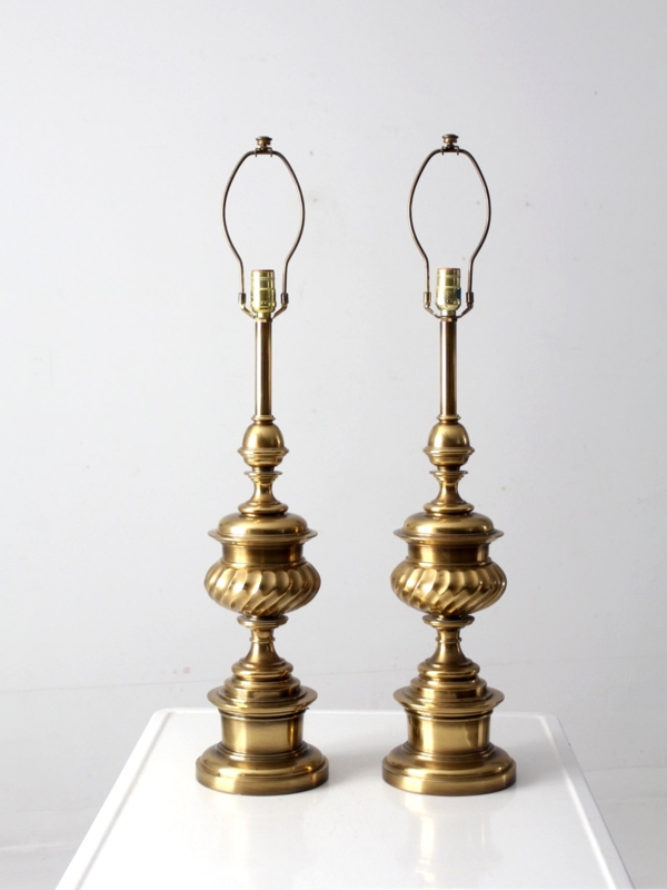 Trumpet Base Table Lamps Pair: Polished Finish, Wide Cream Drum Shades