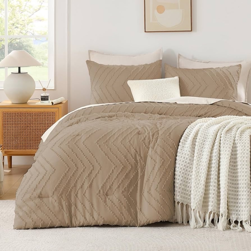 Tufted Chevron Comforter Set, Taupe, Tassel Fringe, Boho