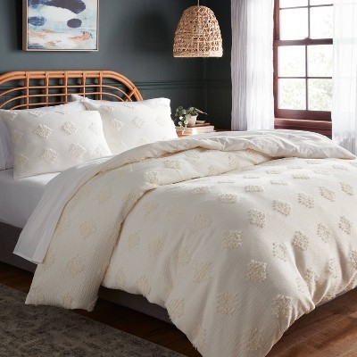 Tufted Diamond Duvet Cover Set Ivory Crinkle Texture Jacquard Weave