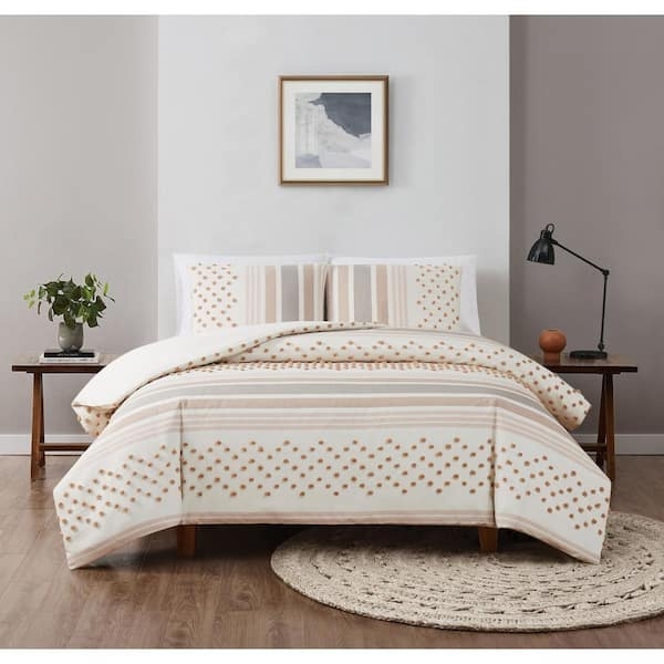 Tufted Dot Beige Comforter Set, Minimalist Textured Bedding