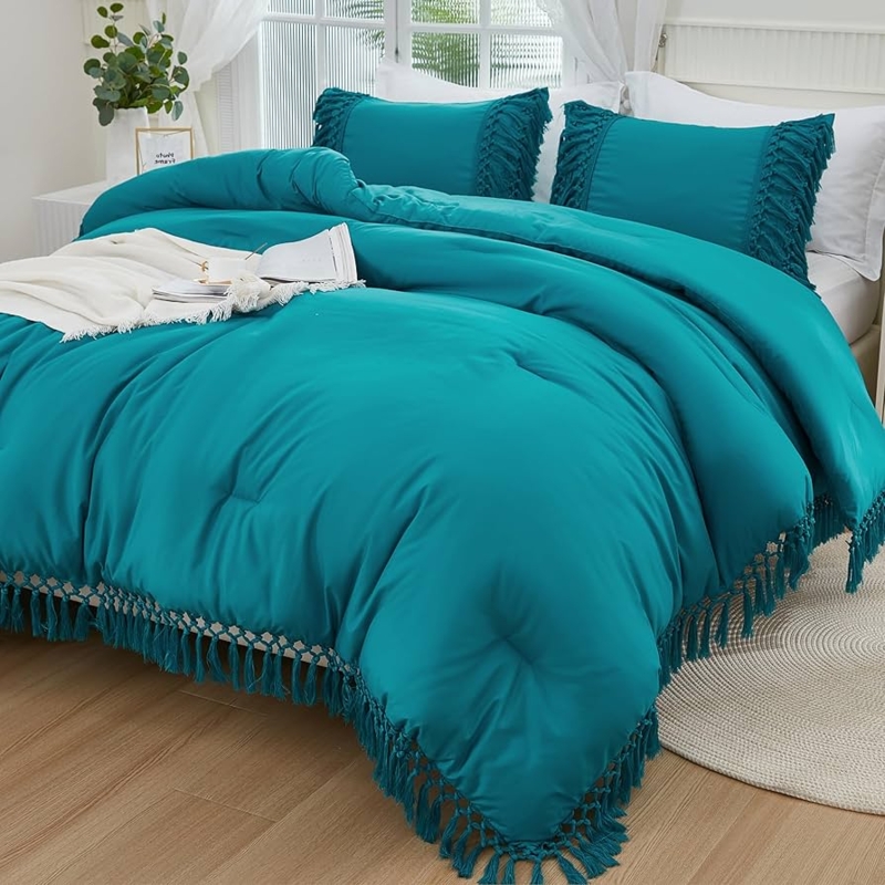 Turquoise Comforter Set, Boho Tassel Fringe, Minimalist Bedroom Decor