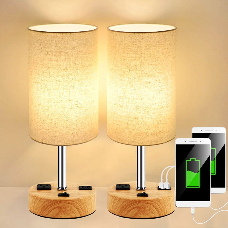 Twin Table Lamp Set Black Base Cream Shade USB Charging