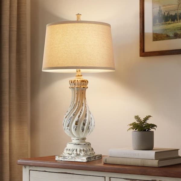 Twisted Column Table Lamp, Distressed White French Country.