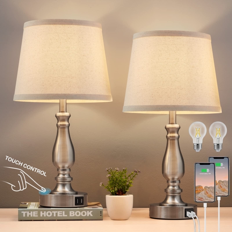 Two Table Lamps with USB Ports and Pull Chain Switch