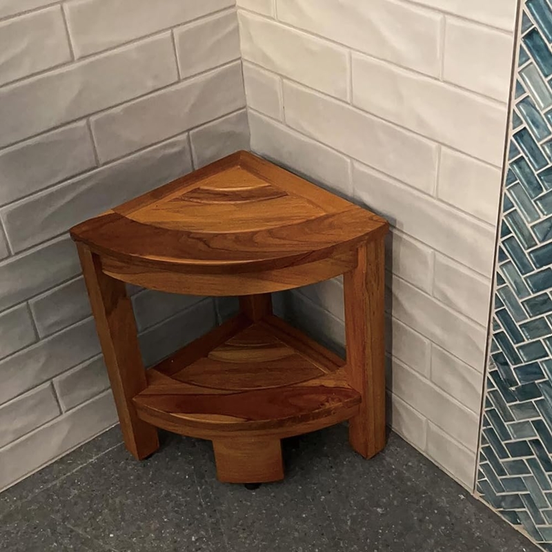 Two Tier Corner Shower Bench with Slatted Wood Construction