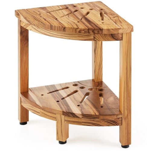 Two-Tier Corner Shower Bench with Slatted Wood Toned Finish