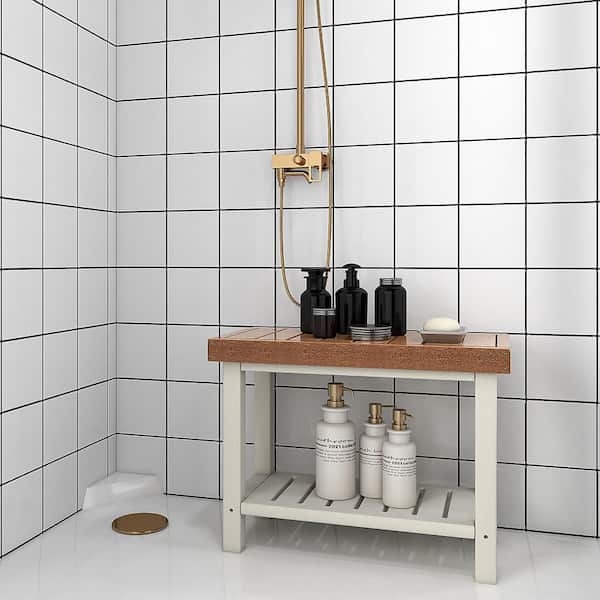 Two-Tone Shower Bench made of Waterproof HDPE with Slatted Shelf