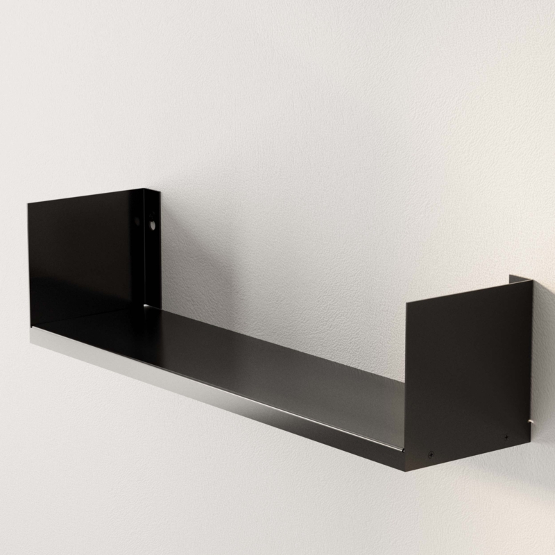 U-Shaped Floating Shelf, Black Metal with Integrated Bookends, Minimalist