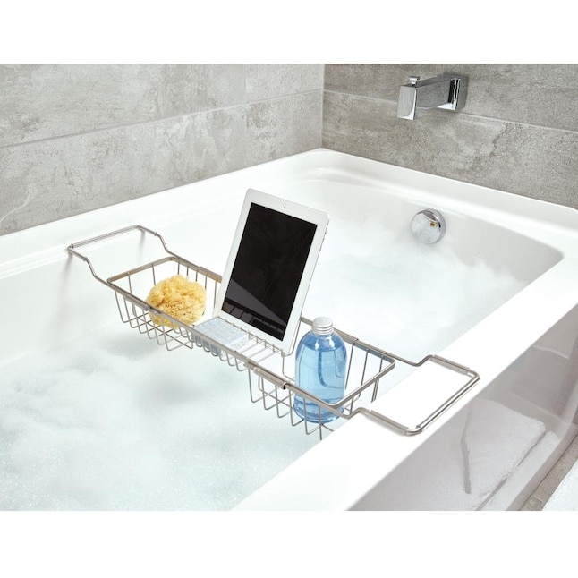 Utilitarian Satin Nickel Bathtub Caddy with Adjustable Wire Arms