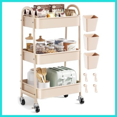 Utility Cart 3-Tier Metal with Mesh Baskets and Curved Handle