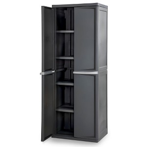 Utility Storage Cabinet, Freestanding Gray Plastic Unit with Molded Handles