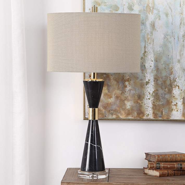 Veined Black Marble Table Lamp with Gold Disc Accents & Hourglass Base