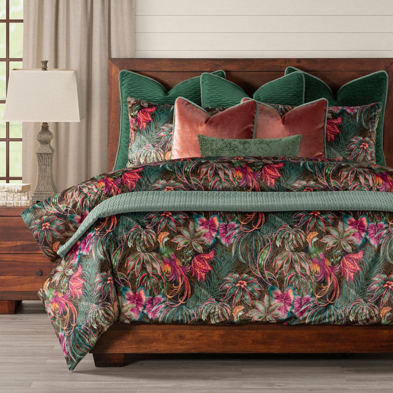 Velvet Duvet Cover Set Botanical Avian Print Peacock Motif