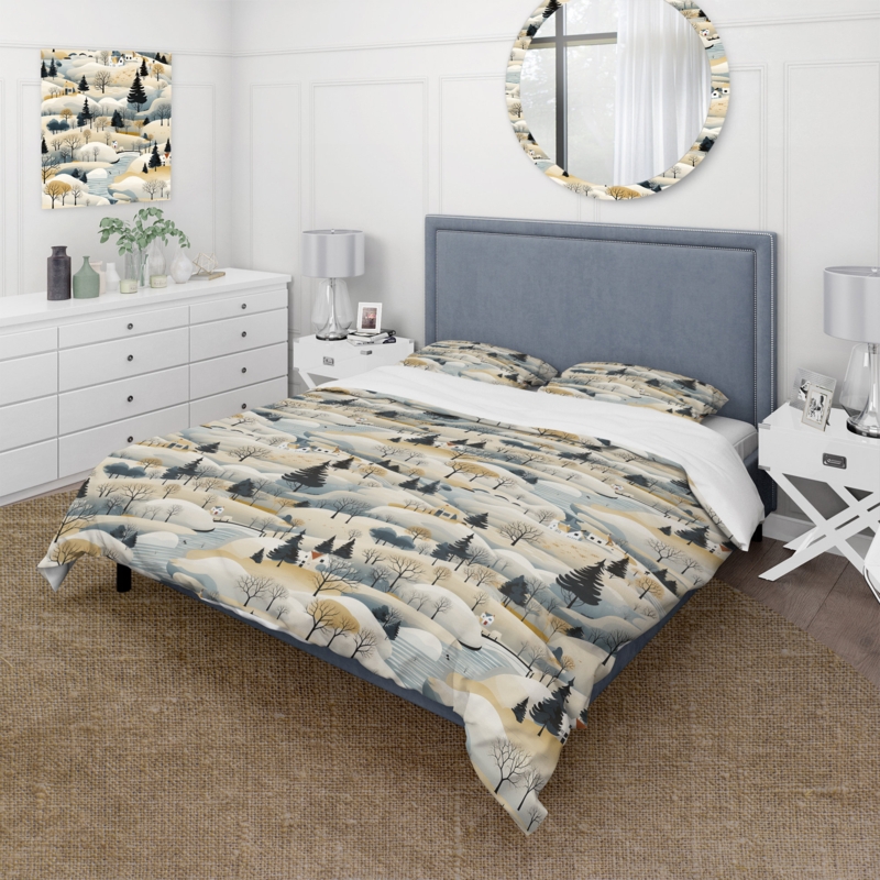 Vibrant Duvet Cover Set, Scandinavian Landscape Pattern, Graphic Art