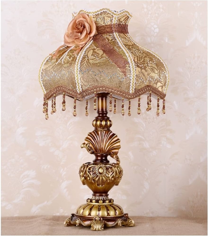 Victorian Lace Table Lamp, Dusty Pink Shade with Beaded Fringe.