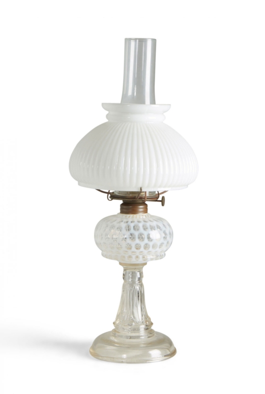 Victorian Table Lamp Milk Glass Fluted Base Etched Floral Shade Antique