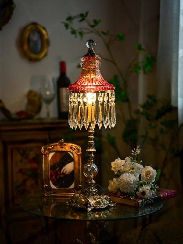 Victorian Table Lamp, Ruby Red Etched Glass Shade, Hanging Prisms.