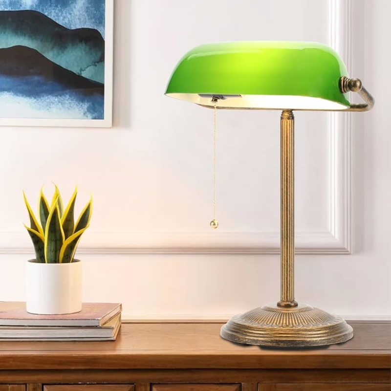 Vintage Bankers Desk Lamp Green Glass Shade Pull Chain
