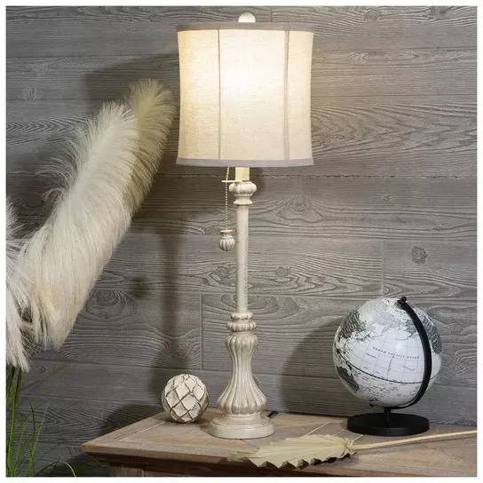 Vintage Buffet Lamp, Antiqued Champagne Finish, Tiered Finial Stem