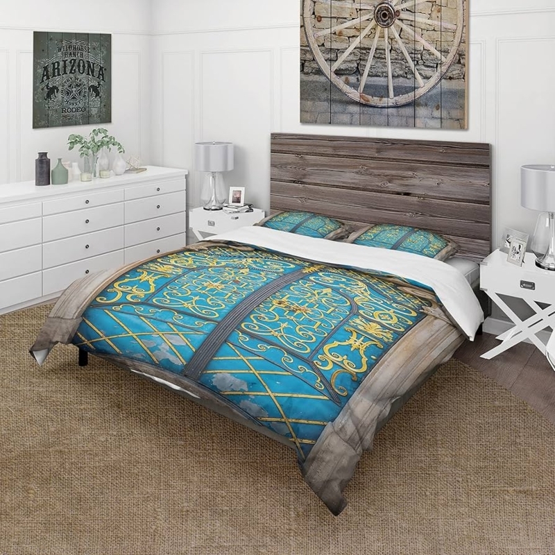Vintage Duvet Cover Set Old European Door Graphic Weathered Wood