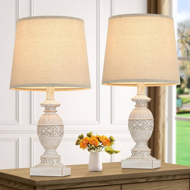 Vintage Farmhouse Table Lamps Set of 2: Carved Floral, Distressed Base