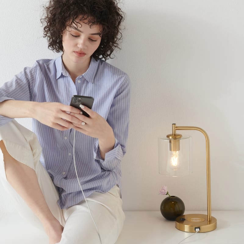 Vintage Glass Shade Table Lamp with Antique Brass and Charging Base.