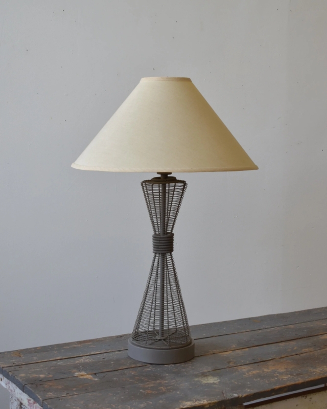 Vintage Grey Steel Wireframe Table Lamp with Sculptural Hourglass Base