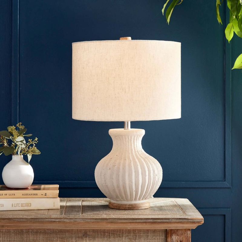 Vintage Style Table Lamp: Cream Ribbed Gourd Base, Linen Drum Shade