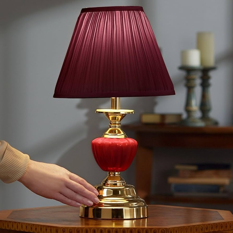 Vintage Style Table Lamp with Burgundy Porcelain Floral Motif