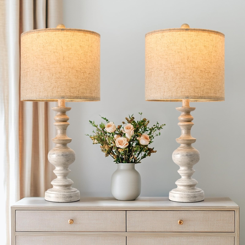 Vintage Whitewashed Bedside Lamps Set, Distressed Urn Base.