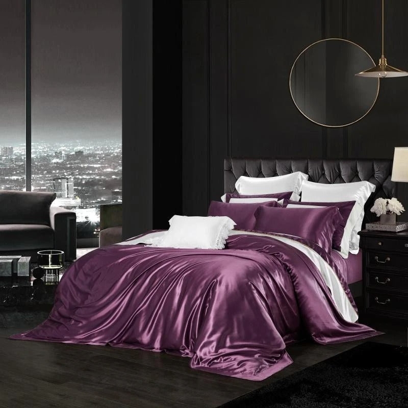 Violet High Luster Bedding Set featuring Layered Pillow Arrangement
