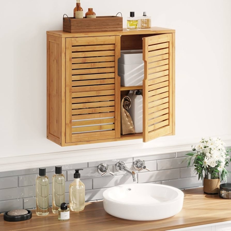 Wall Cabinet Bamboo Material with Slatted Doors, Boho Style Storage
