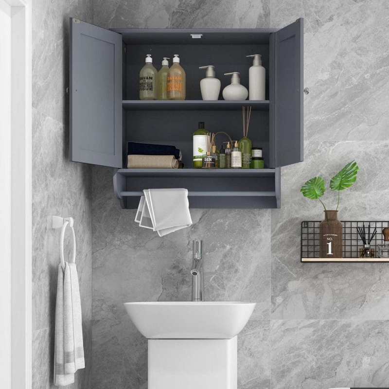 Wall Cabinet Louvered Doors Towel Bar Matte Grey Finish