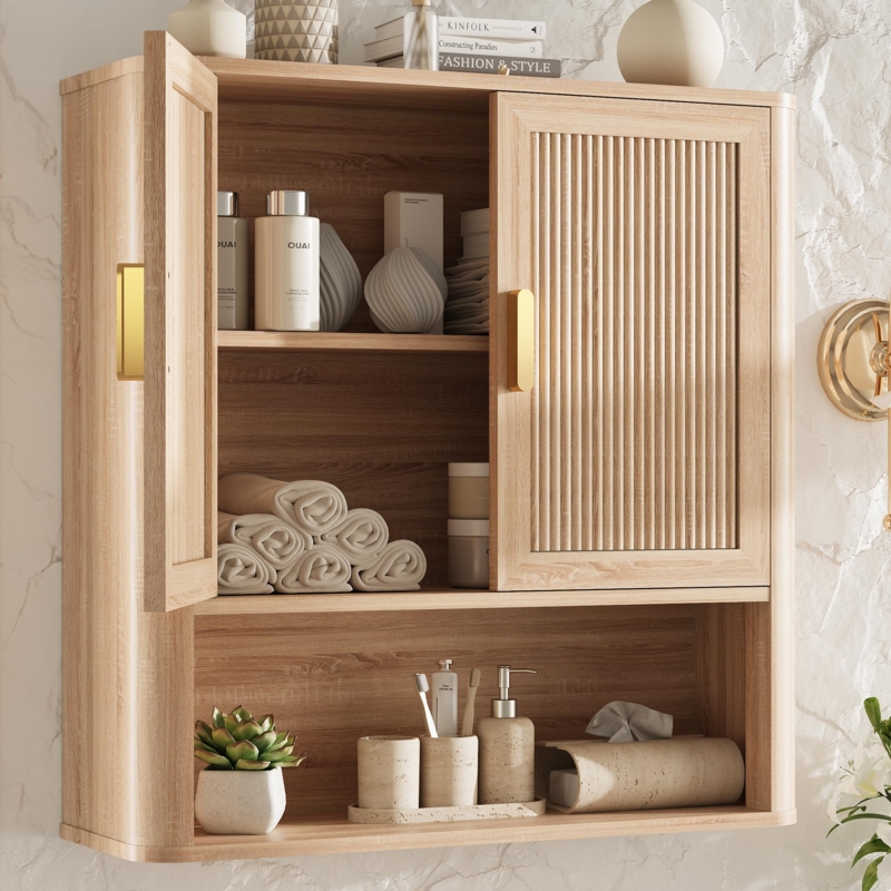 Wall Cabinet: Natural Oak Storage with Black Bar Handles