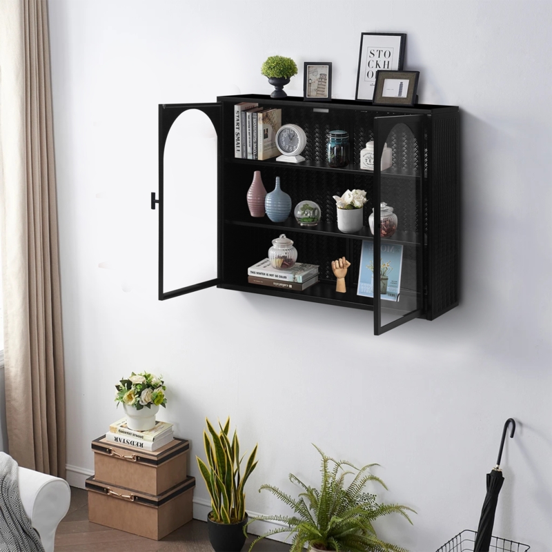 Wall Cabinet Shaker Style Black Finish with Glass Doors and Open Shelf