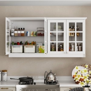 Wall Cabinet White Grid Pattern Doors Glass Shelf Pantry Storage