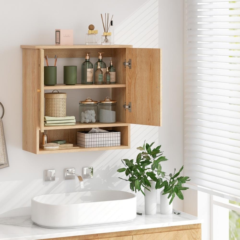 Wall Cabinet with Woven Rattan Doors and Open Shelf Natural Wood