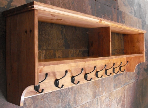 Wall Coat Rack: Dark Espresso Finish, Wide Top Shelf. Entryway Storage.