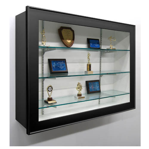 Wall Display Cabinet, Brushed Silver Metal, Swing-Open Glass Shelves