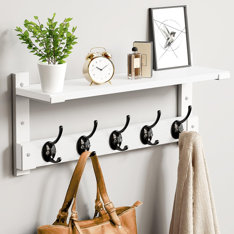 Wall Hooks With Shelf: Minimalist White Finish, Five Integrated Hooks.
