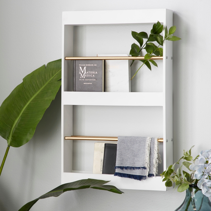 Wall Magazine Rack Gold Wire Accents White MDF Three-Tier