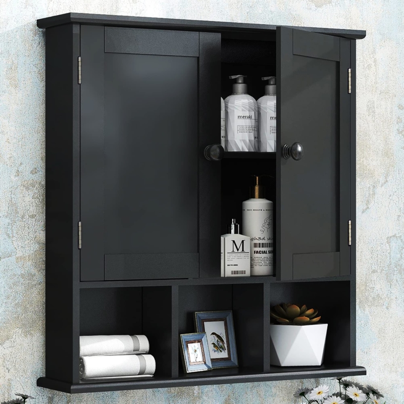Wall Medicine Cabinet with Open Lower Shelf, Matte Black Finish