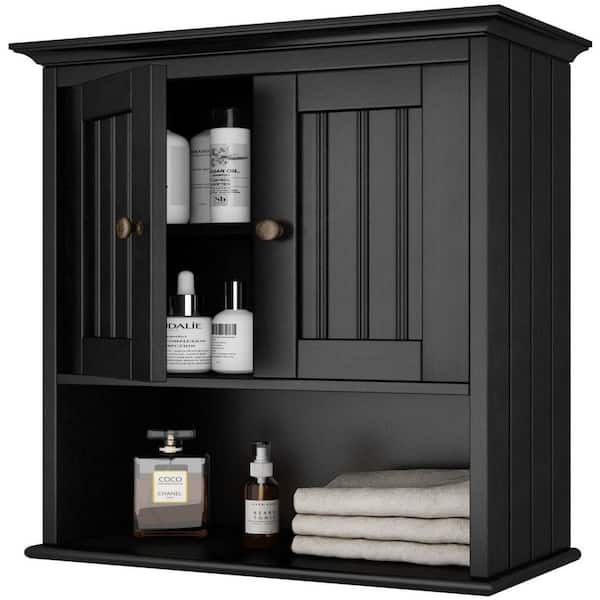 Wall-Mounted Bathroom Cabinet with Double Doors and Lower Open Cubby