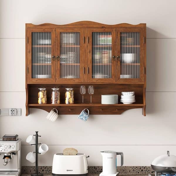 Wall Mounted Cabinet Dark Brown Four Doors Integrated Hooks Transitional