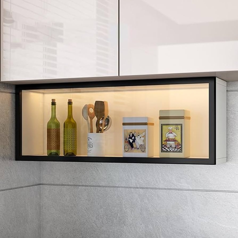 Wall Mounted Cabinet Gray Glass Doors Open Bottom Shelf Pantry