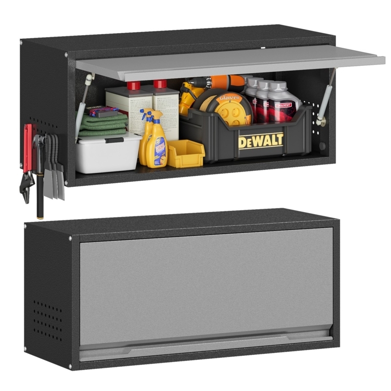 Wall Mounted Cabinet: Grey Metal Flip Up Door Workbench Storage Unit