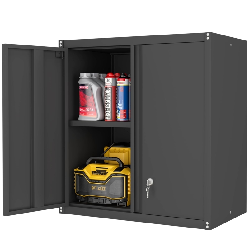 Wall Mounted Cabinet: Matte Black Metal Utility Unit with Locking Doors