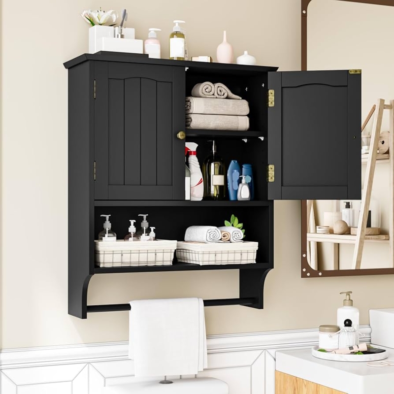 Wall-Mounted Cabinet with Integrated Towel Rack and Glass Doors