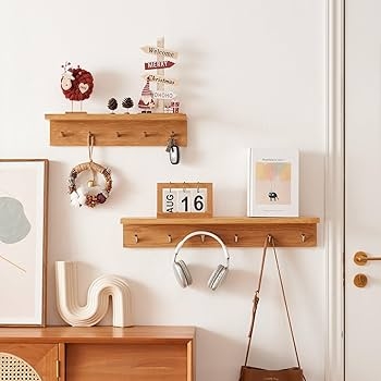 Wall Mounted Coat Rack: Honey Oak Tone, Six Hooks. Scandinavian Floating Shelf.