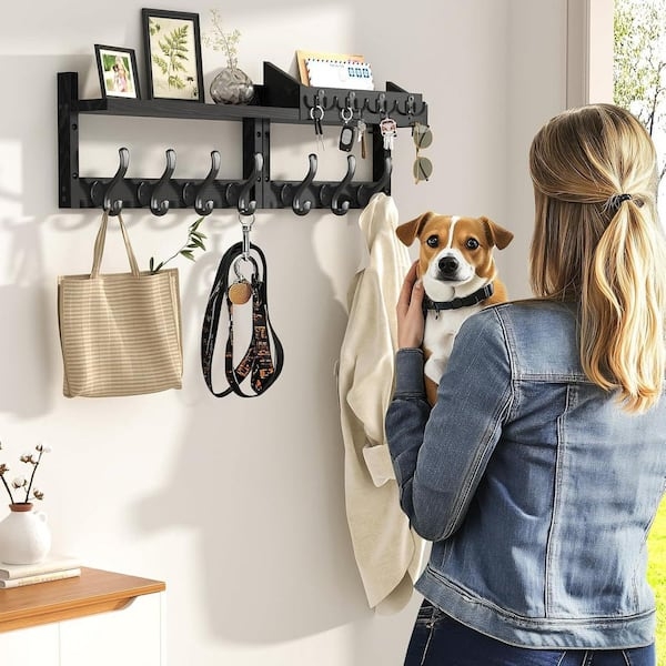 Wall Mounted Coat Rack Matte Black Mail Holder Compartment Top Shelf
